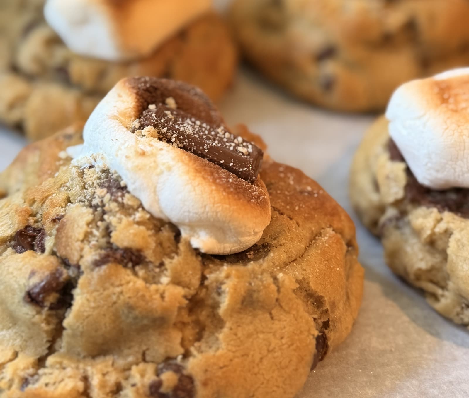 Giant s'mores stuffed cookies topped with toasted marshmallows and chocolate